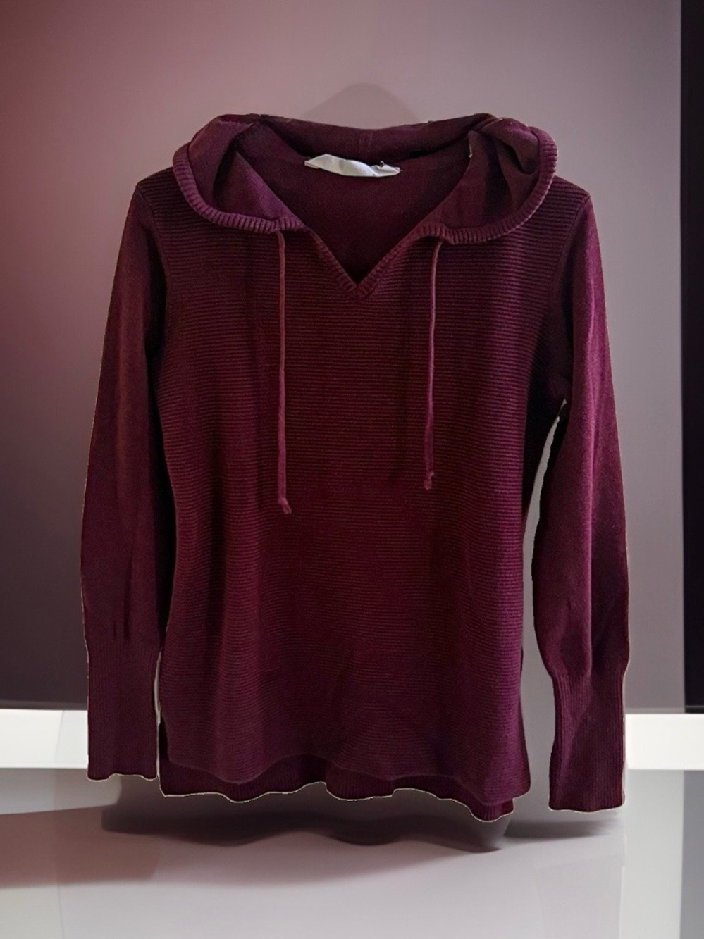 Athleta Womens XS Burgundy Ribbed Hoodie Pullover Sweater Cotton Blend Yoga